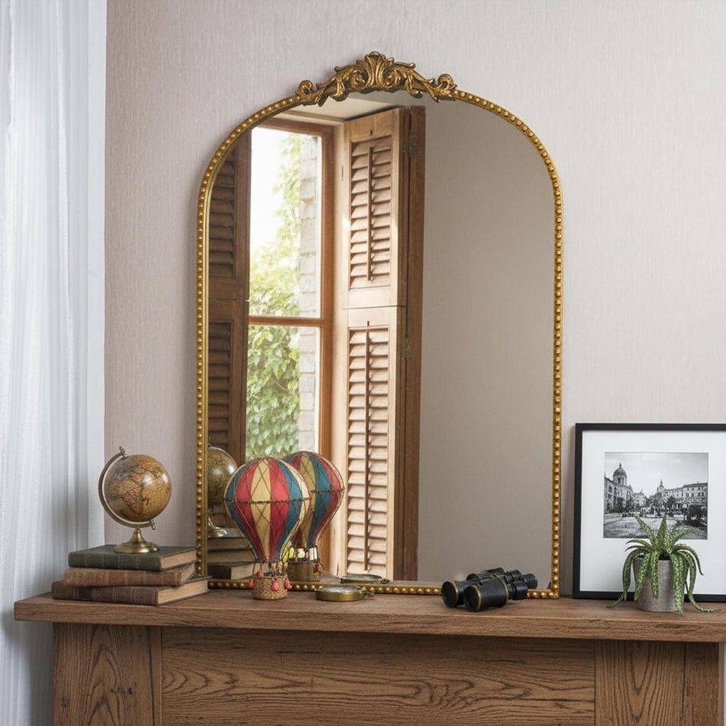 Vintage Baroque Arched Wall Mirror 36"x24", Gold Ornate Antique French Traditional Decor Mirror for
