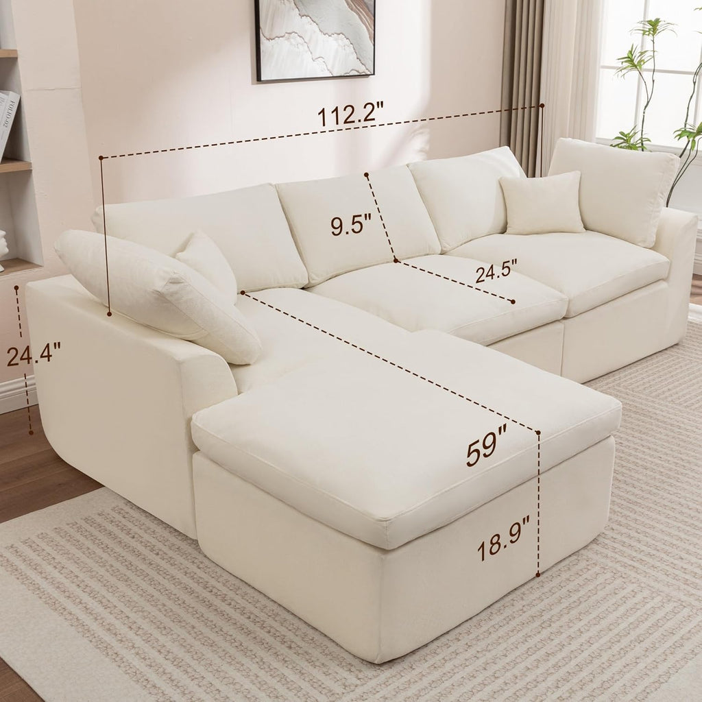 112" Cloud Sectional Couches , Modern Modular Sectional Sofa with Ottoman, Boneless Cloud Couch with Comfy Deep