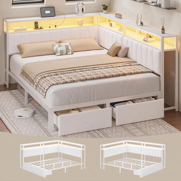 Full Corner Bed Frame with Storage Drawers, Modern Daybed with LED Lights and Charging Station, Metal Platform Bed