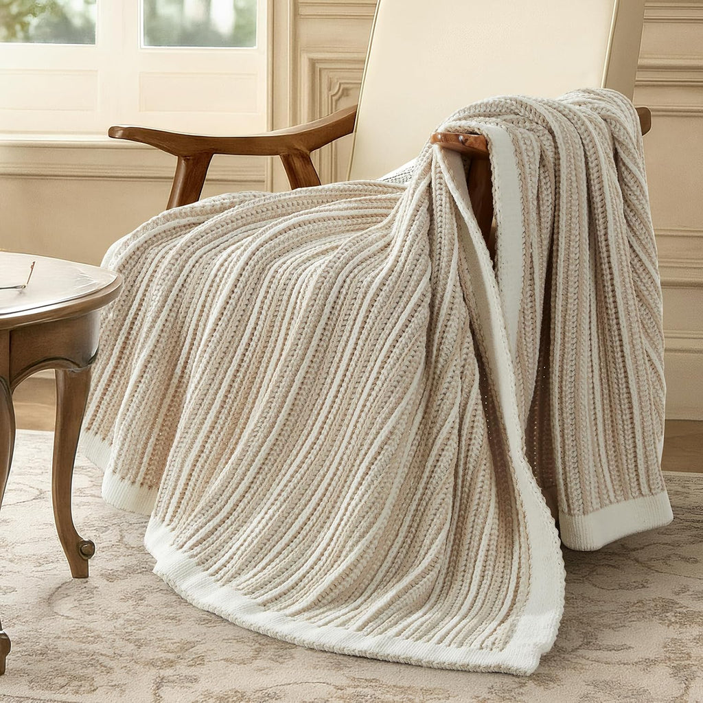 Striped Knit Throw Blanket, Dual-Sided Soft Chenille Decorative Blankets, 50"x60", Khaki & White
