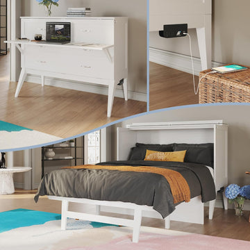 Full Murphy Bed Desk with Memory Foam 6" Mattress and Built-in USB Charger, White