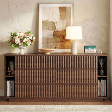 63 Inch Fluted 6 Drawers Dresser with Shelves, Walnut | Large Chest of Drawers , Mid Century Modern, Wood Closet