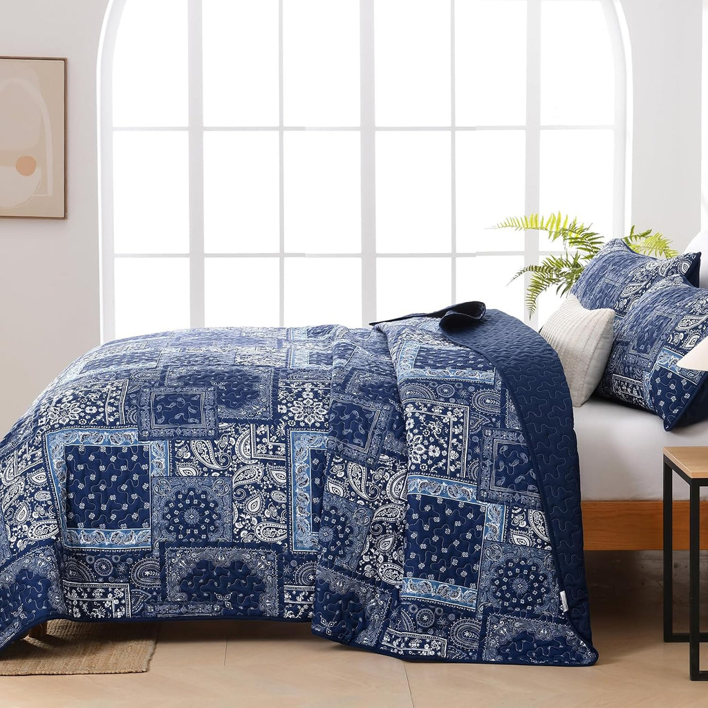 Blue Patchwork Quilt Set,Boho Navy Blue Quilt Set,Paisley Farmhouse Bedspread Soft Microfiber Bedding Set