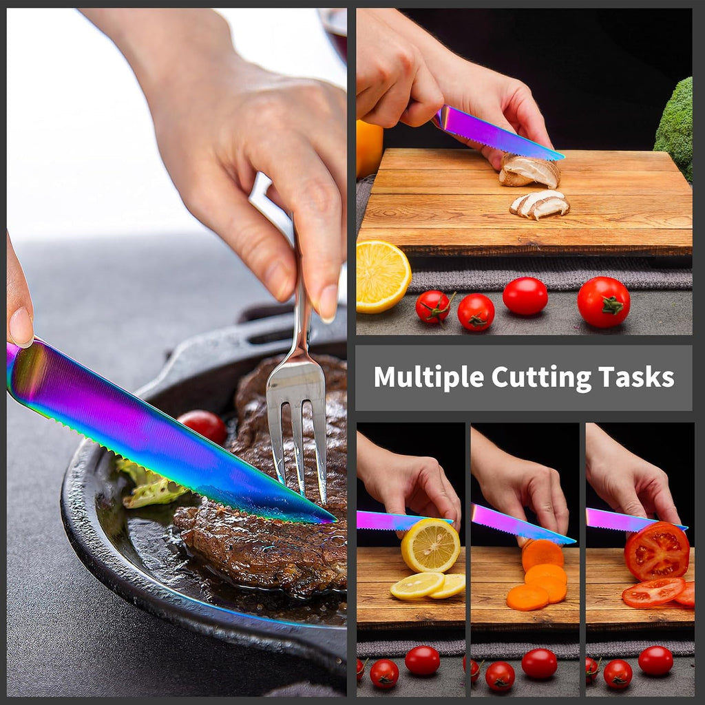 Steak Knives Set of 8 with Wood Block, 4.75 Inch Rainbow Serrated Steak Knife Set, Razor Sharp German Stainless Steel