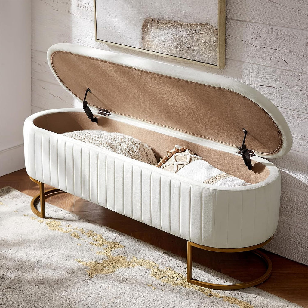 50.5" Velvet Bedroom Storage Bench Ottoman, Upholstered End of Bed Bench with Gold Legs, Flipping Lid Entryway