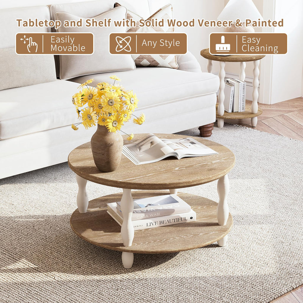 2-Tier Farmhouse Coffee Table, Round Coffee Tables