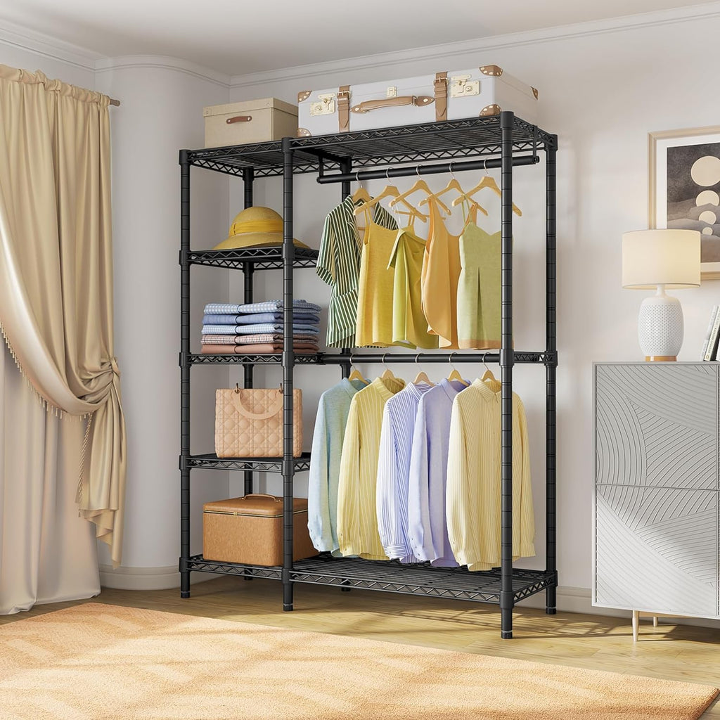 V7 Clothes Rack with Shelves Heavy duty Closet for Hanging Clothes | 5 Tiers Adjustable Wire Shelving, Double Hanging