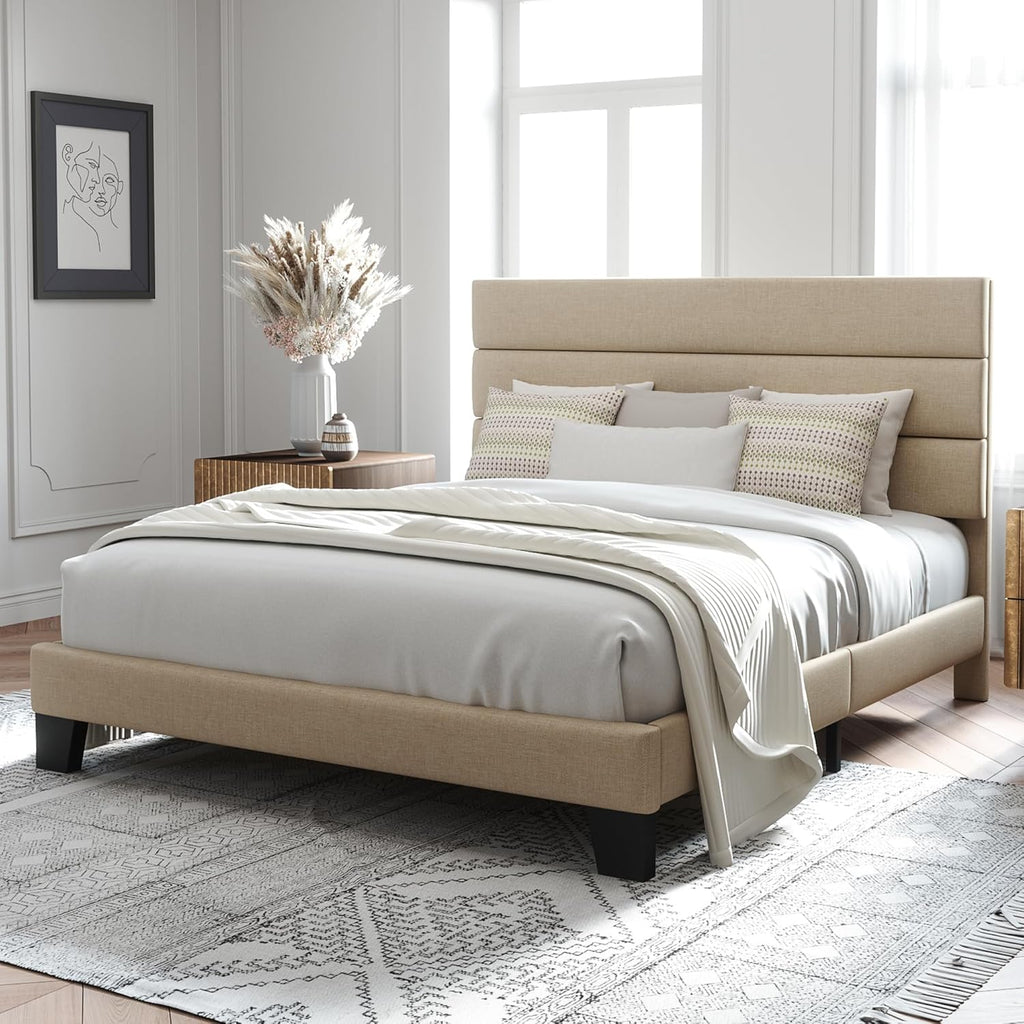 Queen Platform Bed Frame with Fabric Upholstered Headboard and Wooden Slats Support