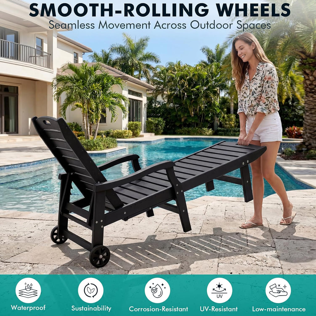 Oversized Outdoor Chaise Lounge Chair with Cup Holder | 79" HDPE Patio Lounger with Wheels 5-Position Adjustable
