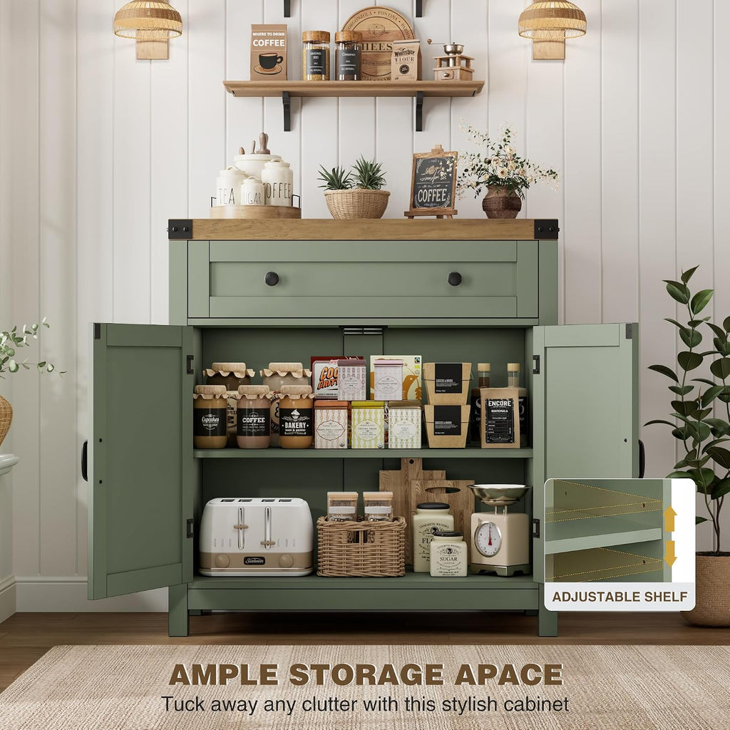 31.5"W Kitchen Storage Cabinet, Farmhouse Coffee Bar Cabinet, Green | Small Buffet Cabinet with Doors & Wide Drawer