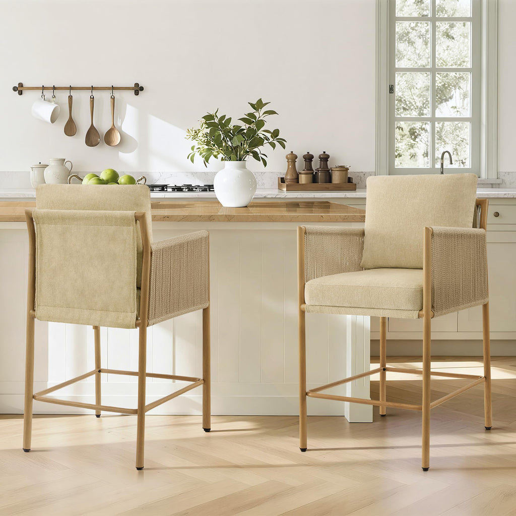 Boho Rope Counter Height Bar Stools Set of 2, Modern Upholstered Bar Stools with Handwoven Rope Armrests, Metal Frame