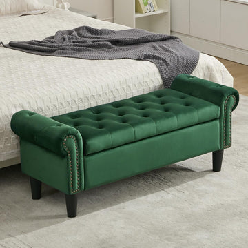 50" Storage Bench , Velvet Upholstered, Green | End of Bedroom Bed Bench Ottoman with Tufted Cushioned Rolled Arm