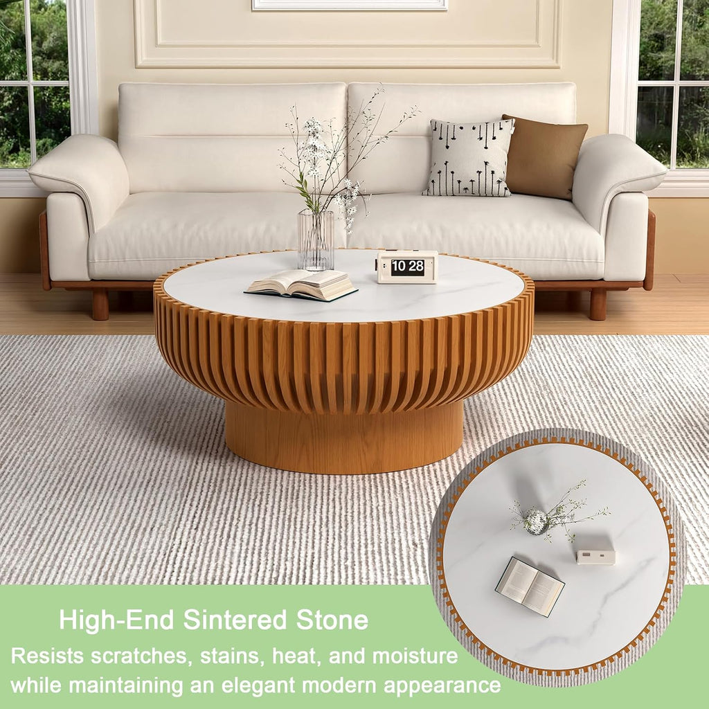 Modern Round Coffee Table, Faux Marble Sintered Stone Drum Table, Contemporary Center Table for Living Room, White Sto