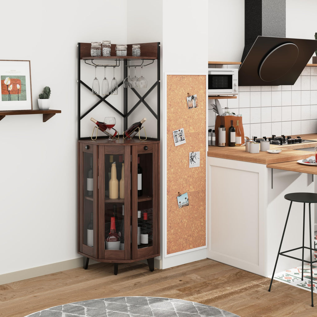 Walnut Corner Wine Cabinet, Lockable Glass Door with LED Light