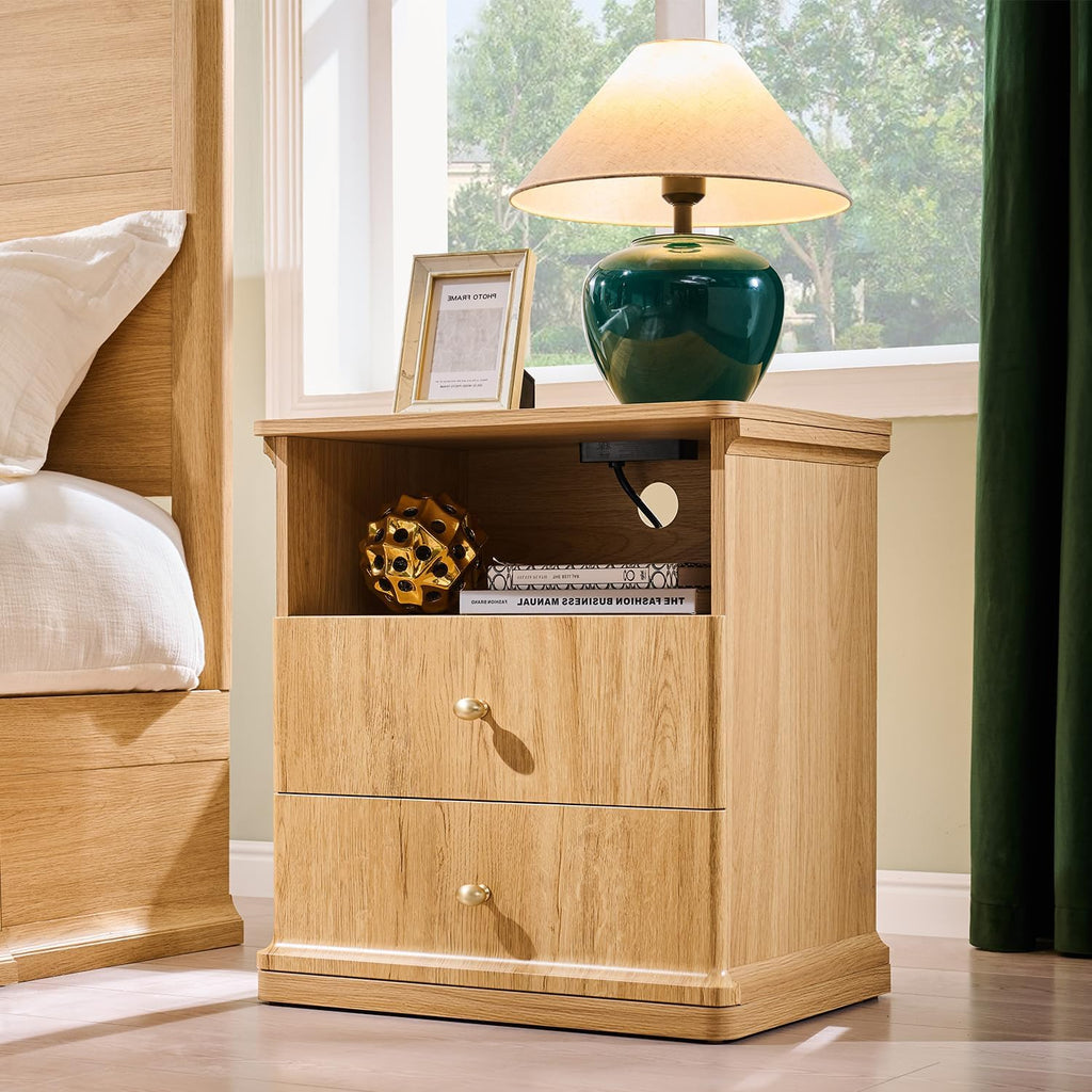 23.6" Tall Modern Nightstand Set of 2, Wood Bedside Table with Charging Station, Mid Century Night Stand w/2 Storage