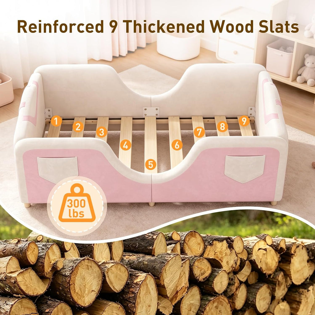 Toddler Bed, Toddler Floor Bed, Upholstered Toddler Bed Frame | Montessori Kid Bed, Wood Slats, 6 storage pockets