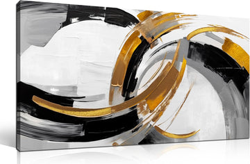 Large Abstract Canvas Wall Art Black White and Gold Minimalist Line Artwork Office