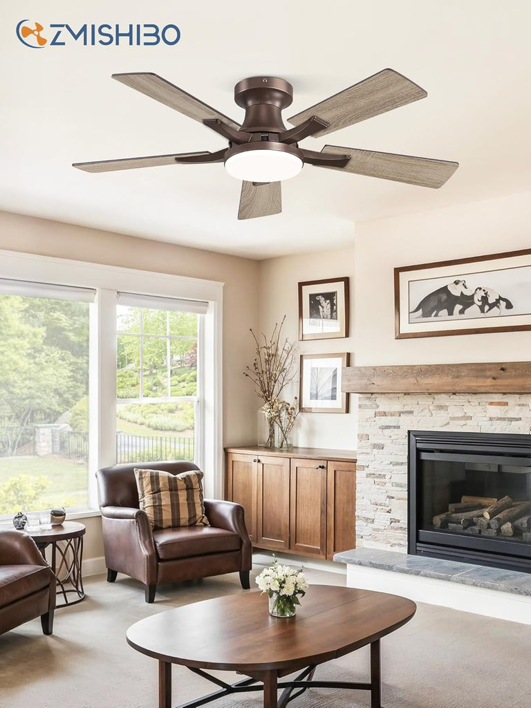 42 Inch Ceiling Fan with Light, App&Remote Control, Flush Mount Low Profile, Dimmable 20W LED Light, Quiet Reversible Motor for Bedroom, Living Room, Apartment, Brown