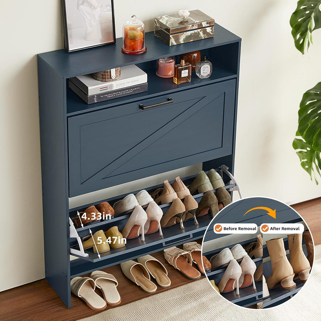 Shoe Cabinet Storage with 2 Flip Drawers Open Storage Layer Rack Narrow Organizer Slim Hidden Wood Shoe Cabinet