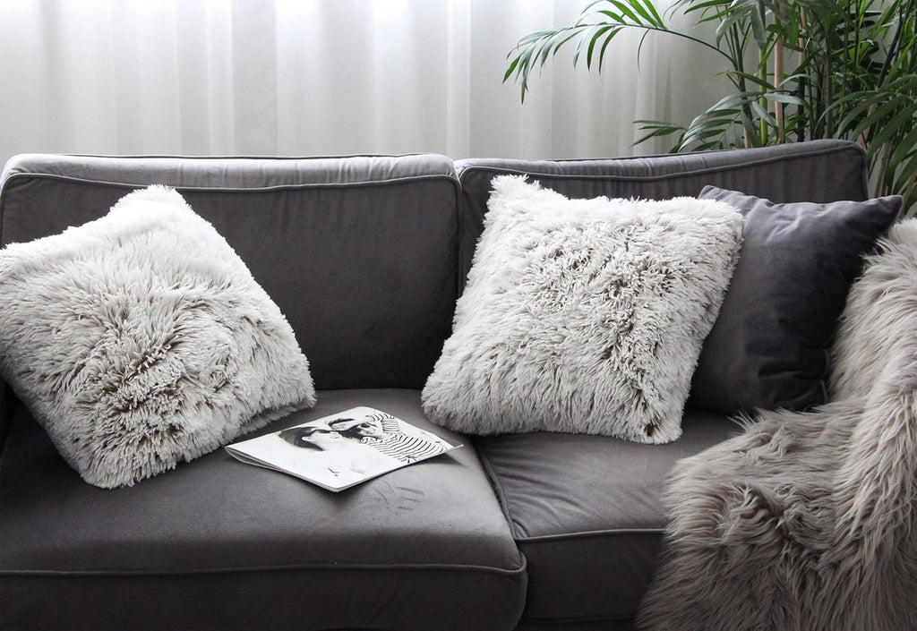 2 Packs Fluffy Accent Pillows Cover 22"x22", Soft Brown Ombre Artificial Fur Throw Pillow Case, Modern Luxury