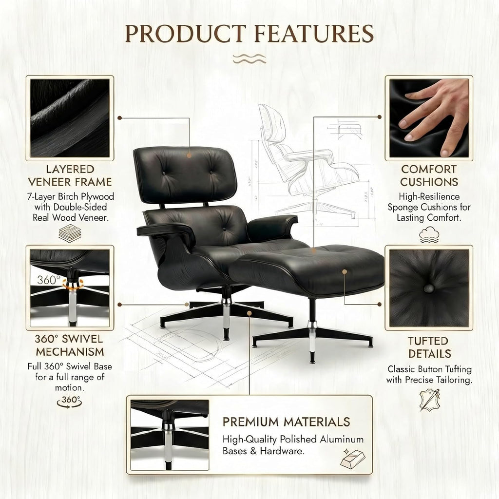 Mid-Century Modern Lounge Chair & Ottoman — Black Bonded Grain Leather, Walnut Base, Premium Tall Back
