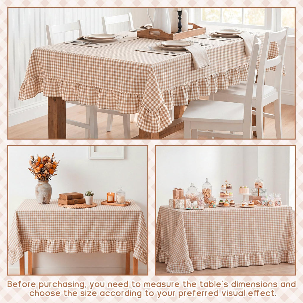 Brown Ruffled Gingham Tablecloth, 52 x 70 Inches, Rectangle