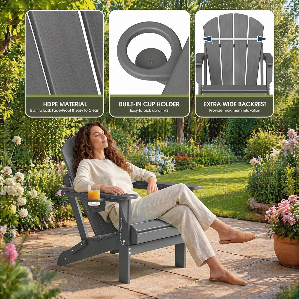 Folding Adirondack Chair, HDPE Outdoor Patio Chair with Cup Holder | Foldable design, weather-resistant HDPE