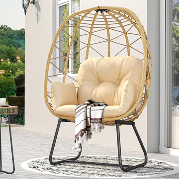 Egg Chair with Stand, Outdoor Egg Chair w/Premium PE Rattan Beige | 330lbs Egg Chair w/Weatherproof Rattan Weave &