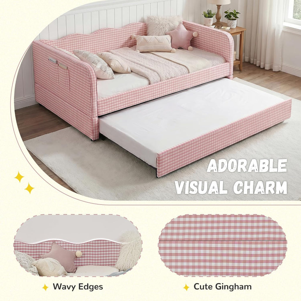 Full Size Gingham Day Bed with Trundle and Storage Pockets | Upholstered Daybed Living Room Guest Room-Pink