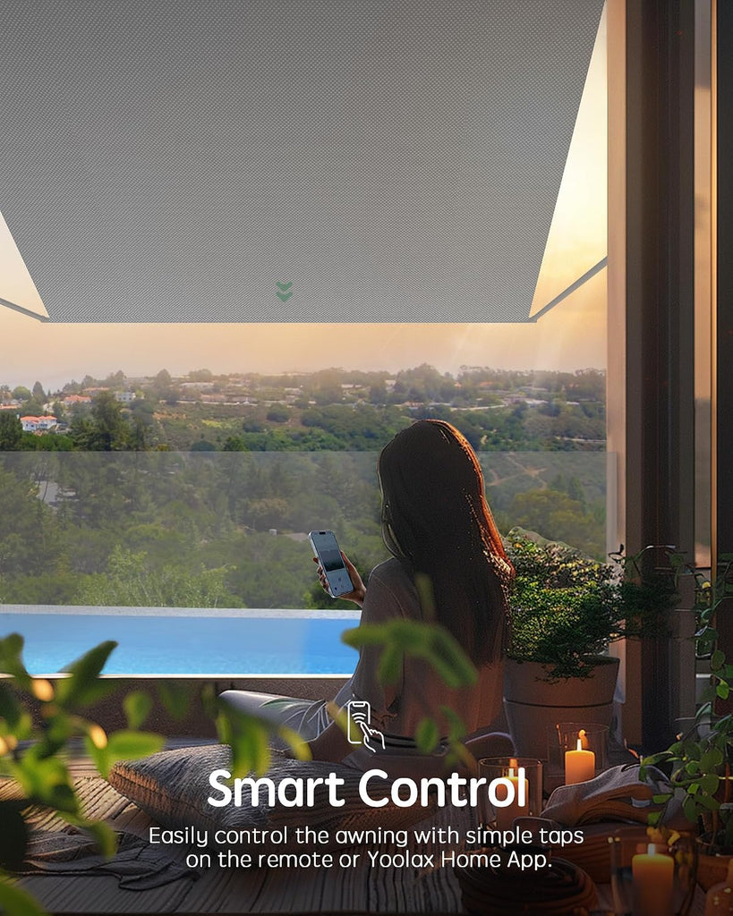 Motorized Retractable Patio Awning, Solar Powered, 0-160° Adjustable | Outdoor Electric Drop Arm Retractable Awning