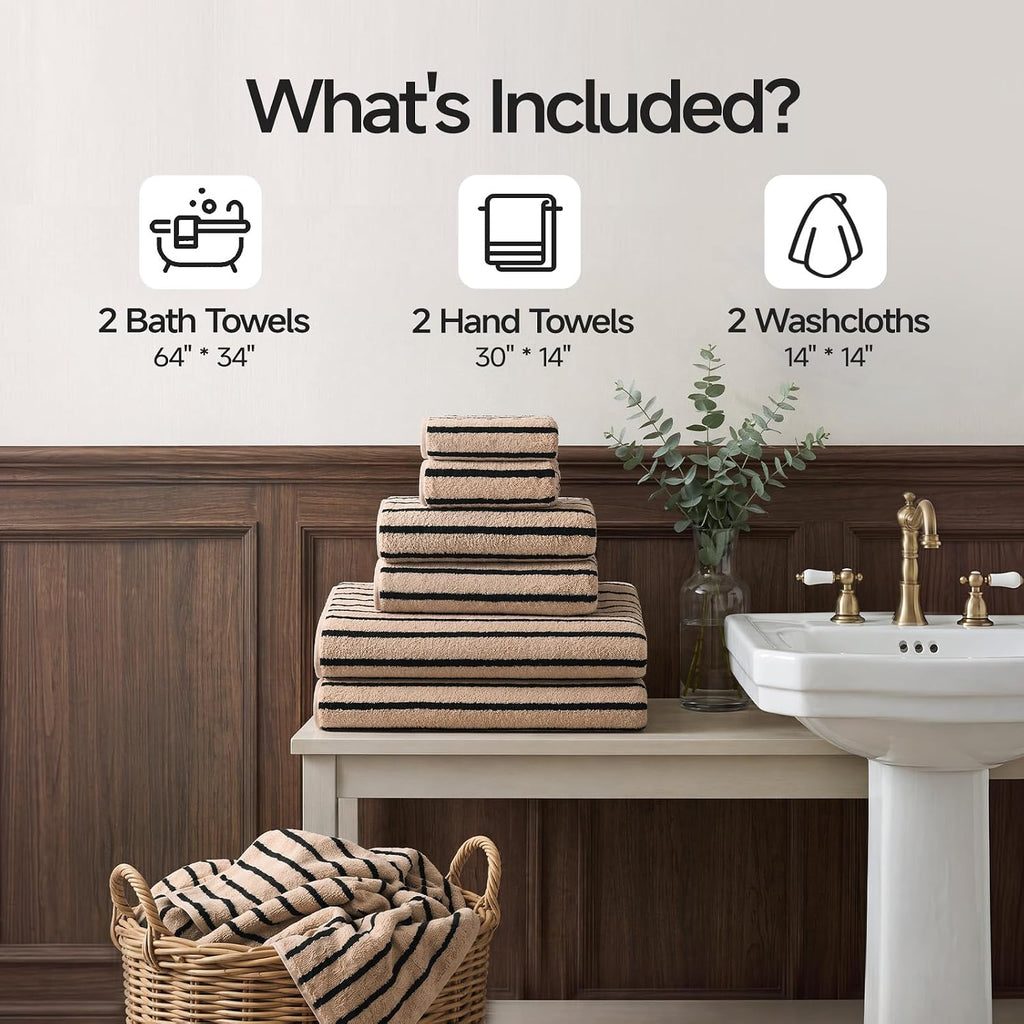 Striped Microfiber Bathroom Towel Set, Lightweight-Khaki | Highly Absorbent 6-Piece Microfiber Towel Set, 2 Bath