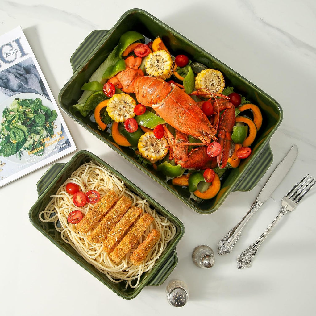 Ceramic Casserole Dish with Handles, Large 9x13 inch Pan and Middle Pan - Porcelain Serving Bakeware Set (Forest