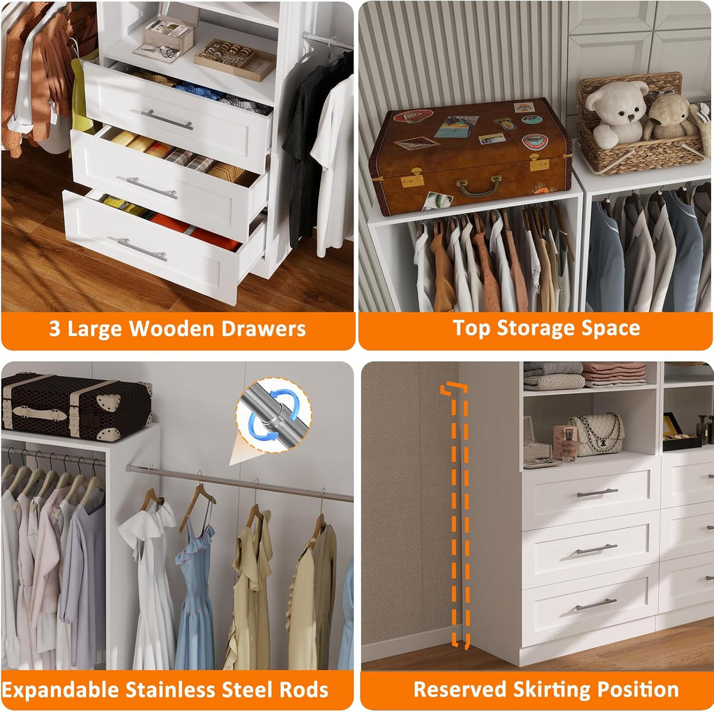 Closet System with 3 Drawers, 5-9FT Modular Organizer | Walk-in Closet Organizer System with 5 Expandable Hanging