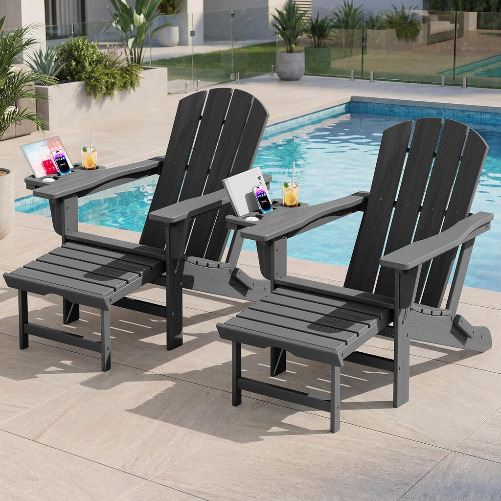 Folding Adjustable Adirondack Chair with Ottoman & 2 Cup Holders Set of 2, HDPE Adirondack Recliner Chair with