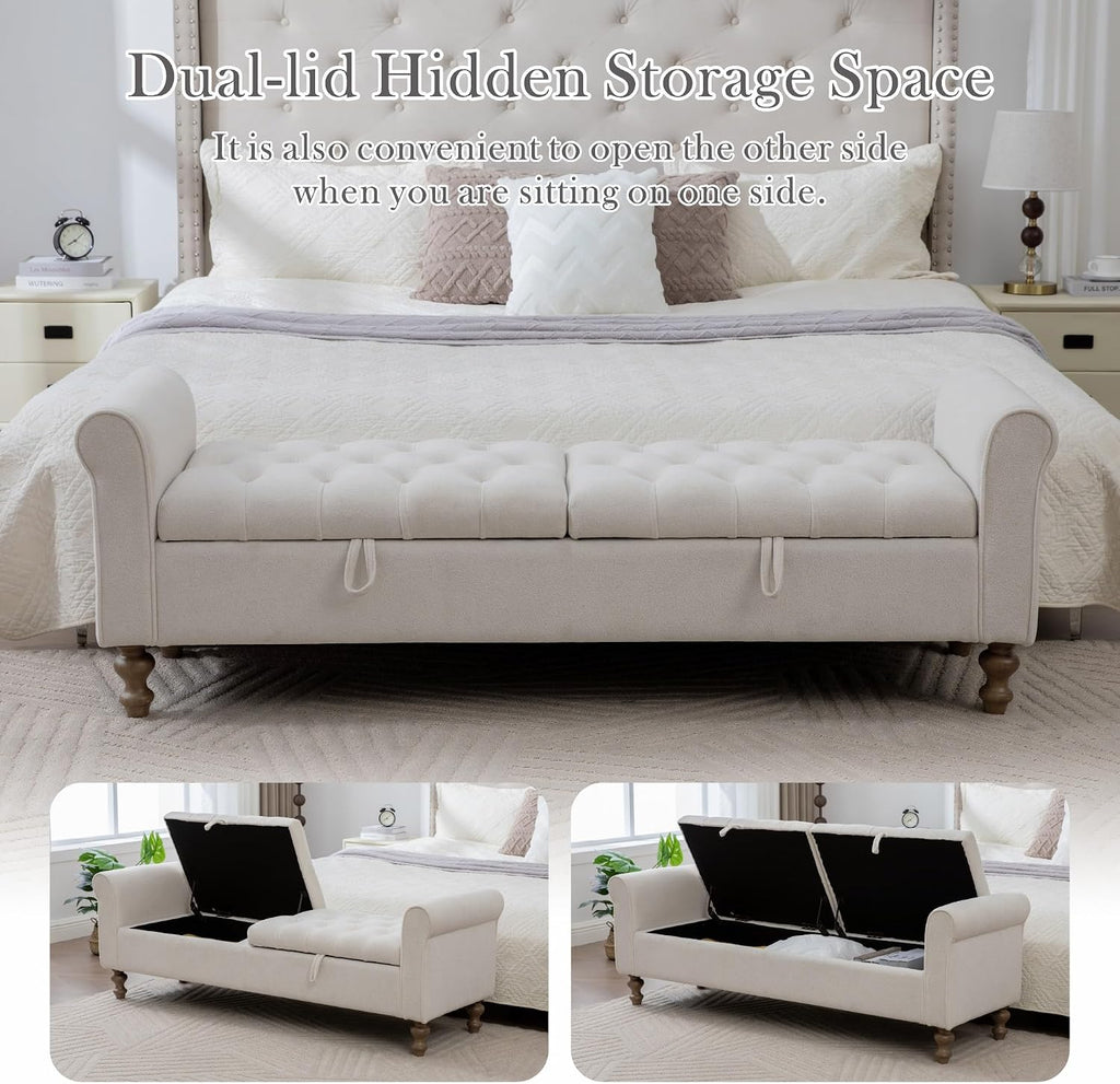 65.7" W Large Storage Ottoman Bench, King Size End of Bed Storage Bench with Wood Legs, Upholstered Window Bench