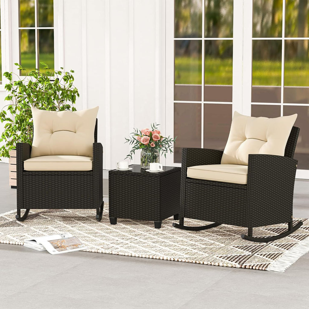 3 Piece Patio Furniture Rocking Bistro Set, Wicker Outdoor Rocking Chairs & Glass Table, PE Rattan Conversation Set