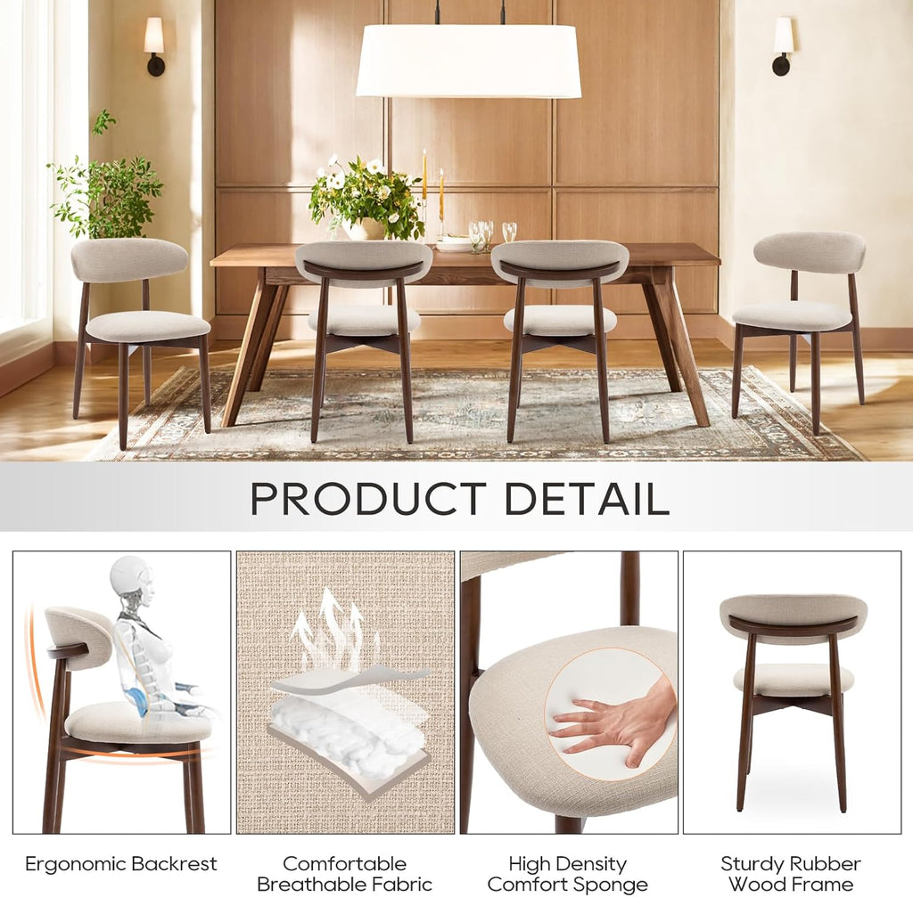 Wooden Dining Chairs Set of 4, Modern Fabric Upholstered Kitchen Side Chairs, Farmhouse Dining Room Chair with Foot