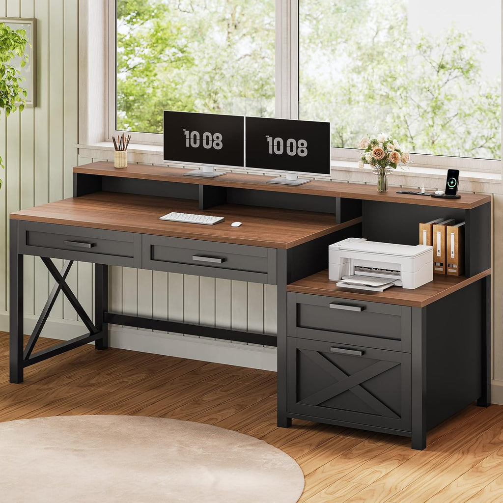 Farmhouse Home Office Desk with File Drawer & Power Outlet, Computer Desk with 4 Drawer, Storage Shelves