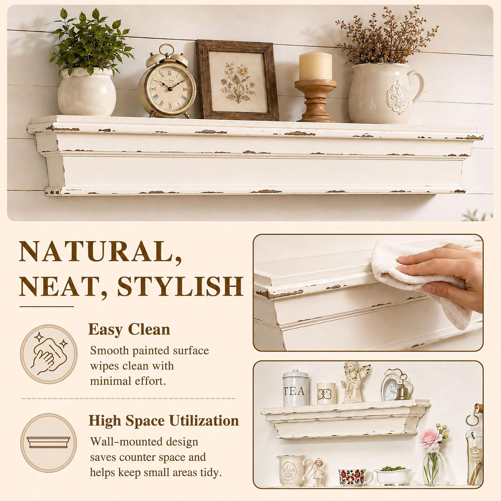 31.5 Inch Distressed White Wall Shelf, Rustic Farmhouse Floating Shelf
