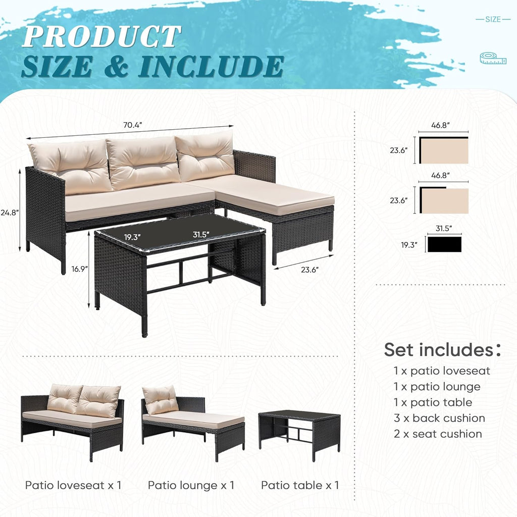 3 Piece Patio Furniture Set Outdoor Wicker Rattan Sectional Sofa with Cushions & Coffee Table for Yard, Garden