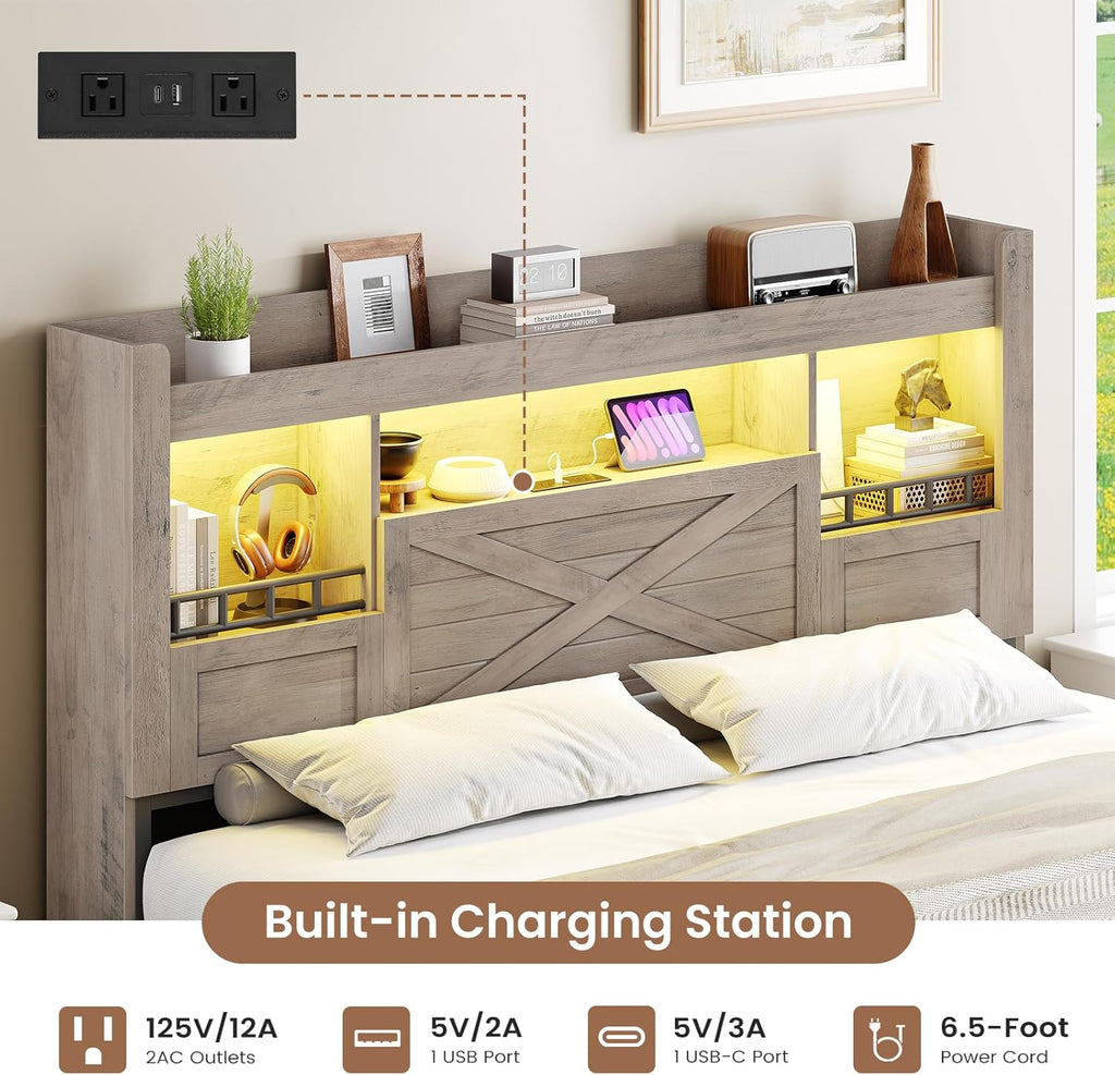 Farmhouse Full Bed Frame with Flip-Down Bookcase Storage Headboard and 4 Drawers, Rustic Wood Platform Bed Frame Full