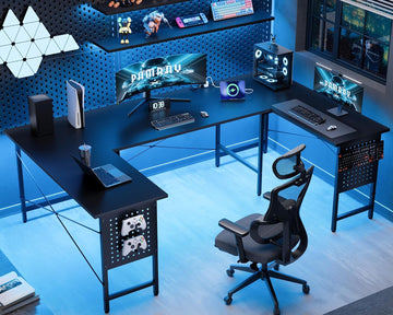 71 Inch Large Computer Desk with Power Outlets,U Shaped Corner Desk Work and Gaming Black