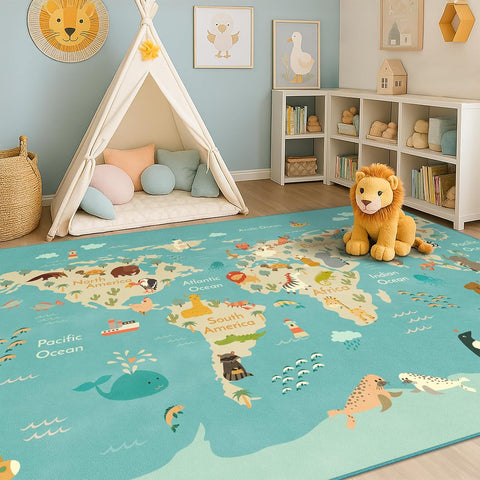 Washable Kids Playroom Rug - 5x7 Play Rug for Preschool Toddlers, Baby Girls, Educational with Cute 