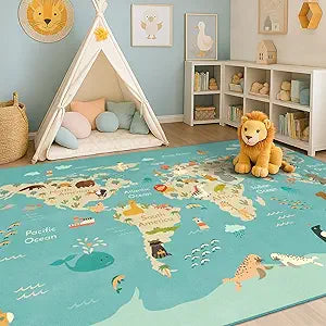 Washable Kids Playroom Rug - 5x7 Play Rug for Preschool Toddlers, Girls, Educational with Cute Animals - Non-Slip
