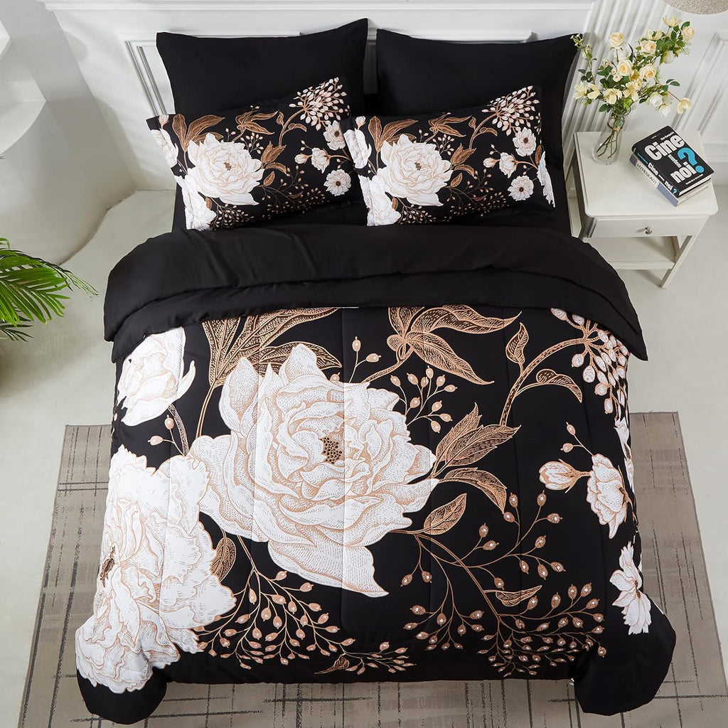 7 Piece Bed in a Bag Queen Comforter Set Botanical Floral Bedding Set,White Flowers Leaves Printed on Black - Set of 7