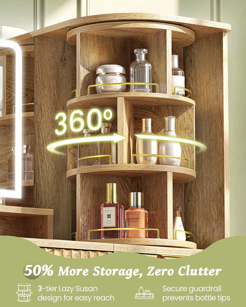 47" Makeup Vanity Desk with LED light and HD mirror, Walnut vanity table | 360 Rotating Storage Shelf, 28" Custom