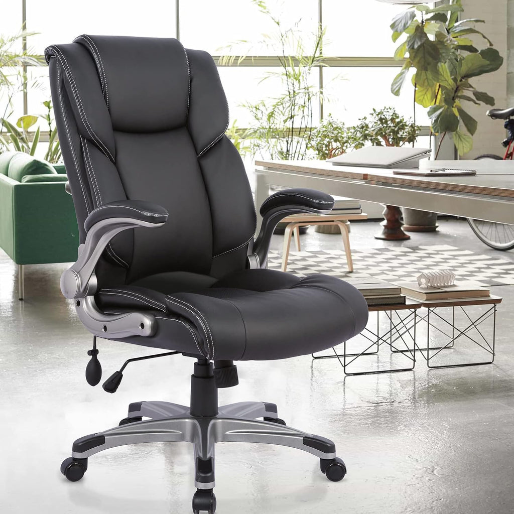High Back Executive - Padded Leather Ergonomic Computer Desk Chair with Inflatable Lumbar Support & Flip-Up Arms