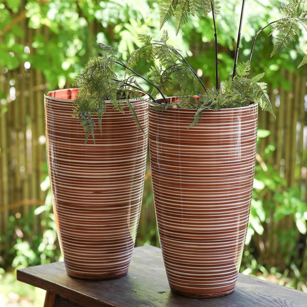 Tall Planters for Outdoor Plants 2Pack, 21-Inch Large Striped Planter with Removable Insert Shelf,Ribbed Coffee&Milk