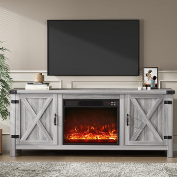 Fireplace TV Stand with Two Barn Doors and Storage Cabinets for Televisions up to 65+ Inch, Entertainment Center