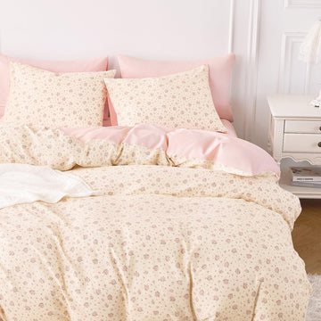 Floral Comforter Set, 100% Cotton Fabric, Coquette Cottagecore Vintage Shabby Chic Flower Pattern, 3 Pieces Bedding
